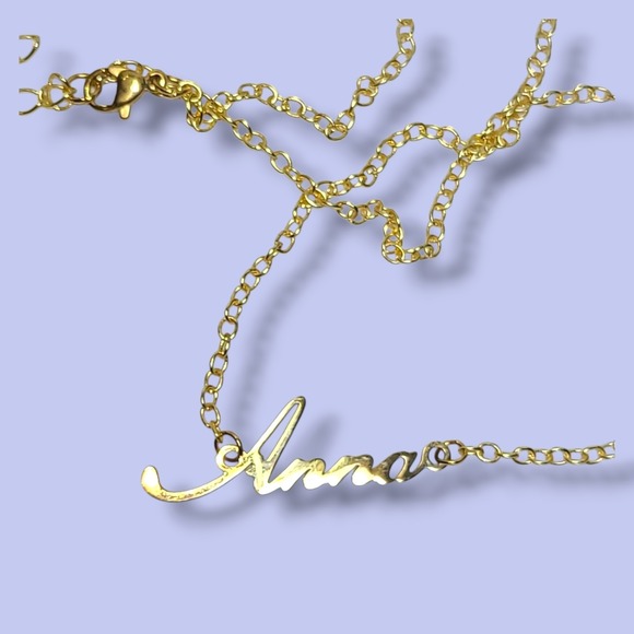 Dainty Gold‎ Tone "Anna" Spell Out Pendant Necklace 17" - Picture 2 of 6